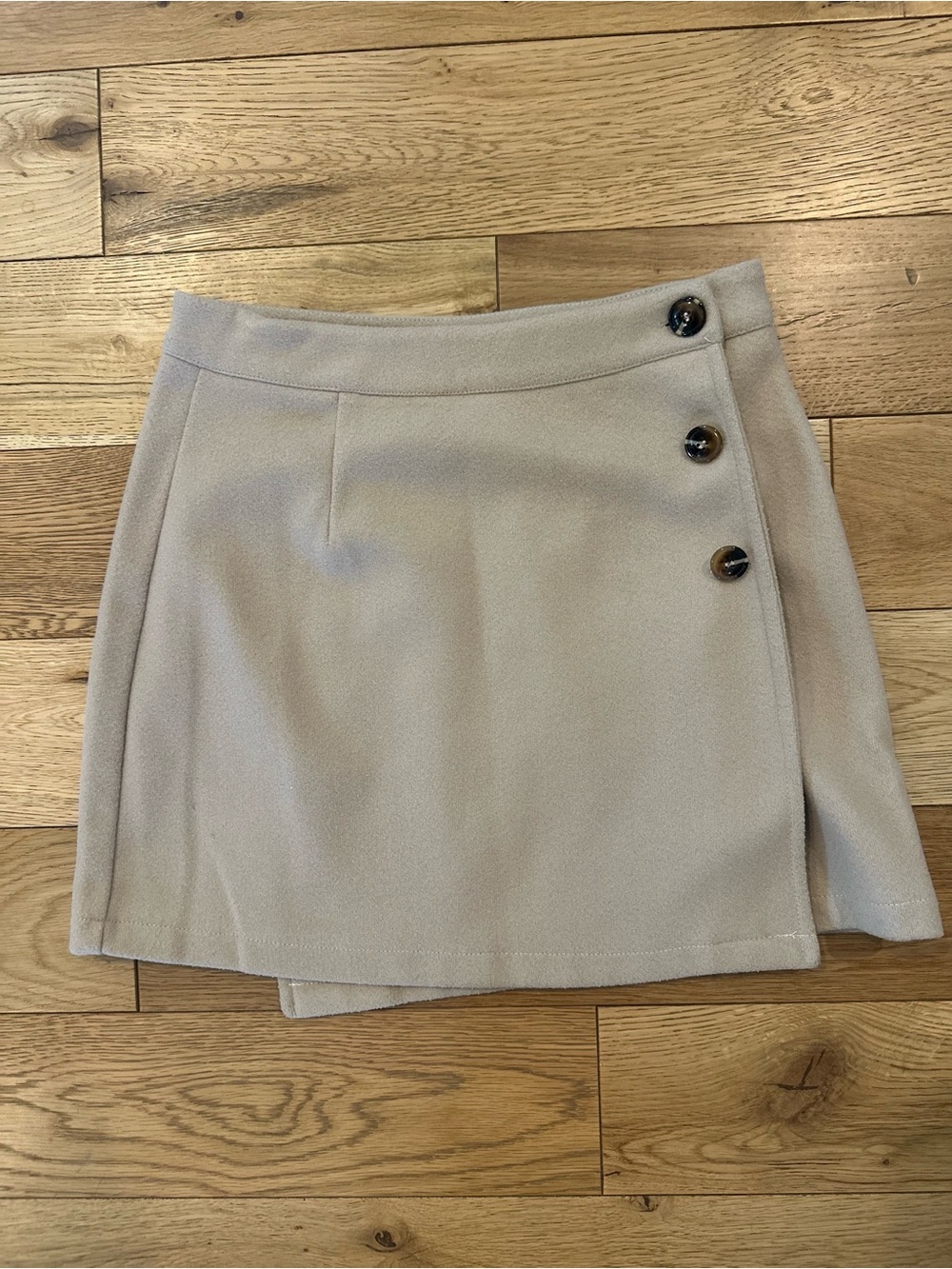 Beige Button-Accent Wrap Mini Skirt